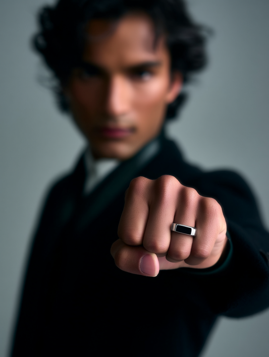 Ravion Silver Signet Stainless Steel Black Enamel Ring - Ravion