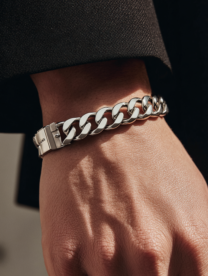 Ravion Silver Cuban Chain Silver Bracelet worn on a hand