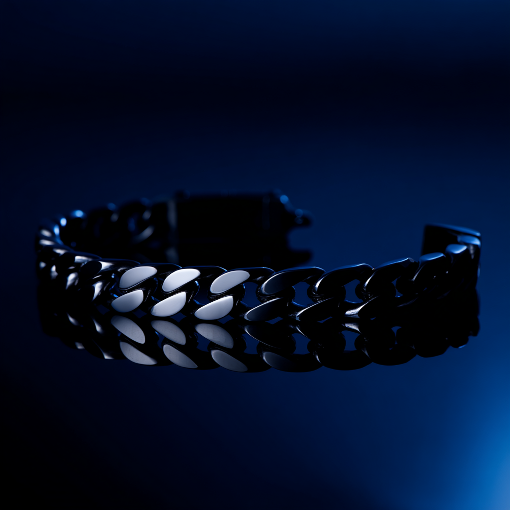 Silver cuban bracelet from Ravion on a dark blue background
