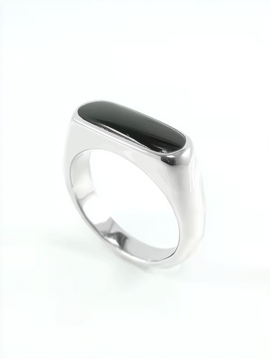 Ravion Silver Signet Stainless Steel Black Enamel Ring - Ravion