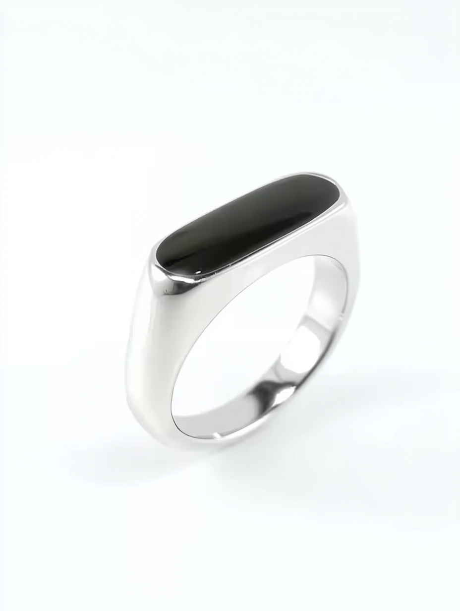 Ravion Silver Signet Stainless Steel Black Enamel Ring - Ravion