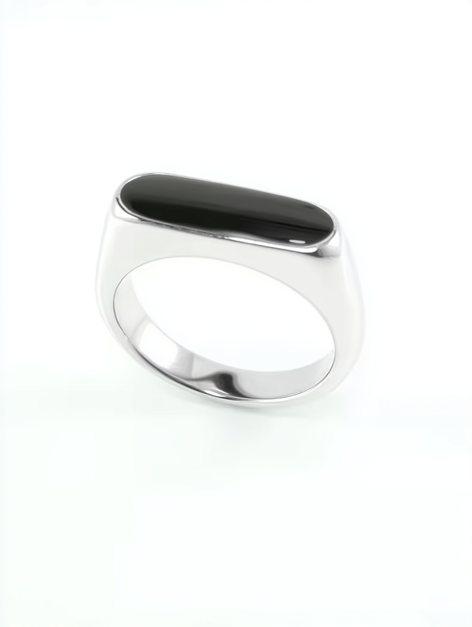 Ravion Silver Signet Stainless Steel Black Enamel Ring - Ravion